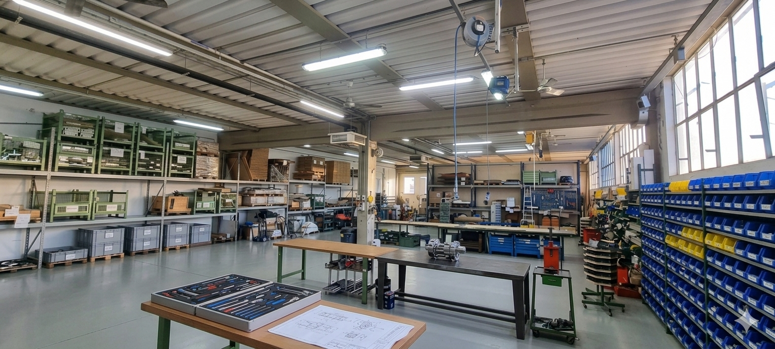 Interno dell'officina meccanica Nesi con i macchinari di lavoro