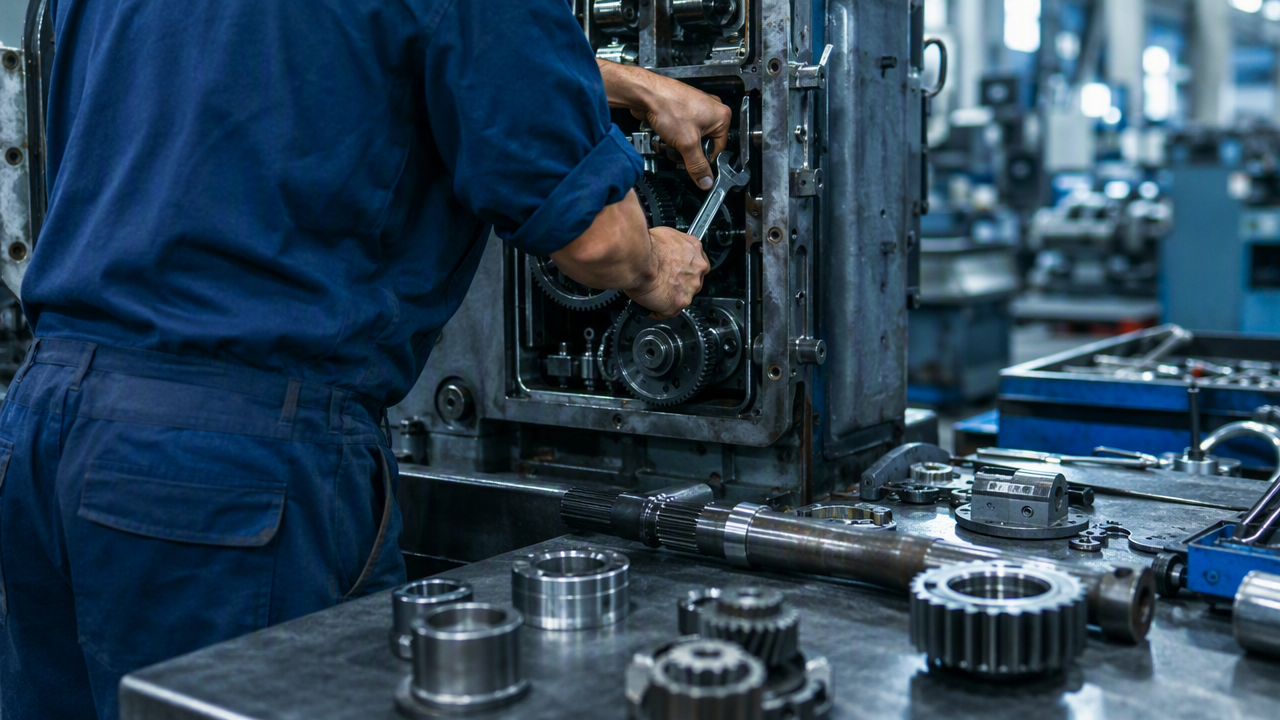 Tecnico al lavoro su un macchinario industriale in officina
